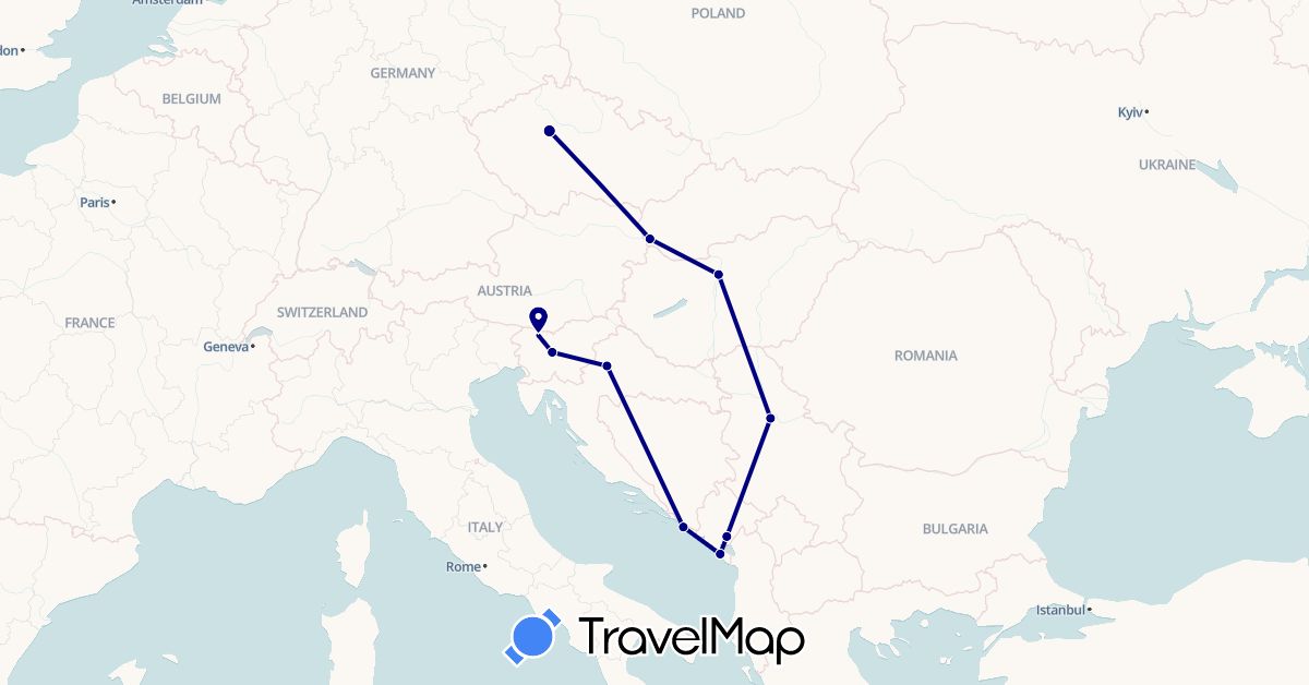 TravelMap itinerary: driving in Czech Republic, Croatia, Hungary, Montenegro, Serbia, Slovenia, Slovakia (Europe)
